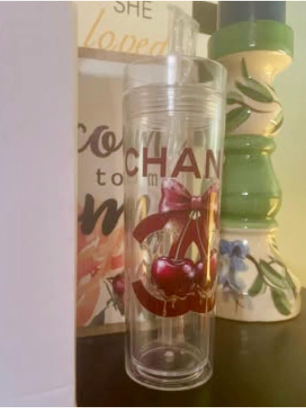 Fashion Chanel Clear Glass Vase with Red Cherry and Gold Accent in Box - Picture 4 of 5